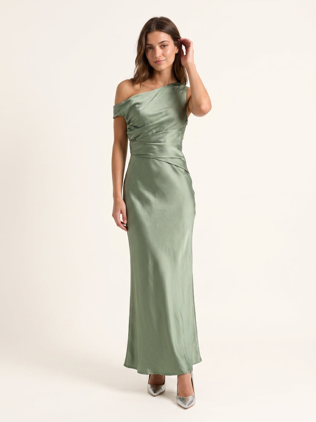 Dusty Sage Satin Sheath Off-the-Shoulder Back Zip Ankle-Length Bridesmaid Dress with Pleats - Curvevia