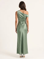 Dusty Sage Satin Sheath Off-the-Shoulder Back Zip Ankle-Length Bridesmaid Dress with Pleats - Curvevia