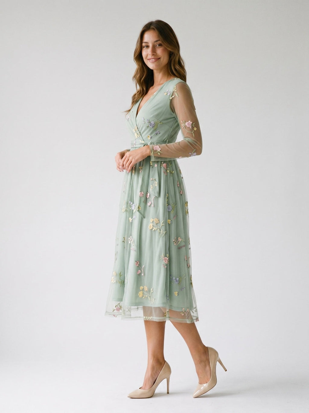 Dusty Sage Tulle A-Line V-Neck Tea-Length Dress - Curvevia