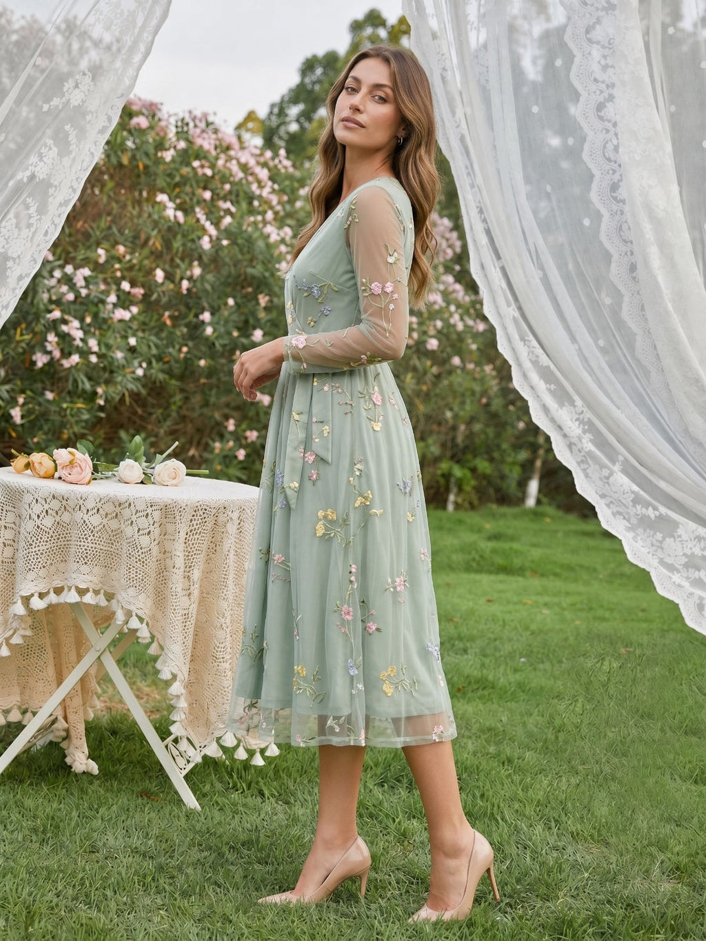 Dusty Sage Tulle A-Line V-Neck Tea-Length Dress - Curvevia