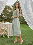 Dusty Sage Tulle A-Line V-Neck Tea-Length Dress - Curvevia