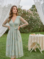 Dusty Sage Tulle A-Line V-Neck Tea-Length Dress - Curvevia