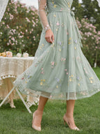 Dusty Sage Tulle A-Line V-Neck Tea-Length Dress - Curvevia