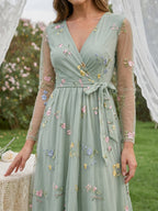 Dusty Sage Tulle A-Line V-Neck Tea-Length Dress - Curvevia