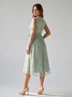 Dusty Sage Tulle A-Line V-Neck Tea-Length Dress - Curvevia