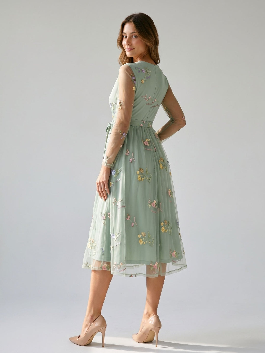 Dusty Sage Tulle A-Line V-Neck Tea-Length Dress - Curvevia