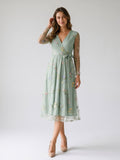 Dusty Sage Tulle A-Line V-Neck Tea-Length Dress - Curvevia