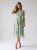 Dusty Sage Tulle A-Line V-Neck Tea-Length Dress - Curvevia
