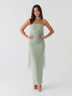 Dusty Sage Tulle Sheath Straight Neck Backless Floor-Length Formal Dress with Pleating - Curvevia