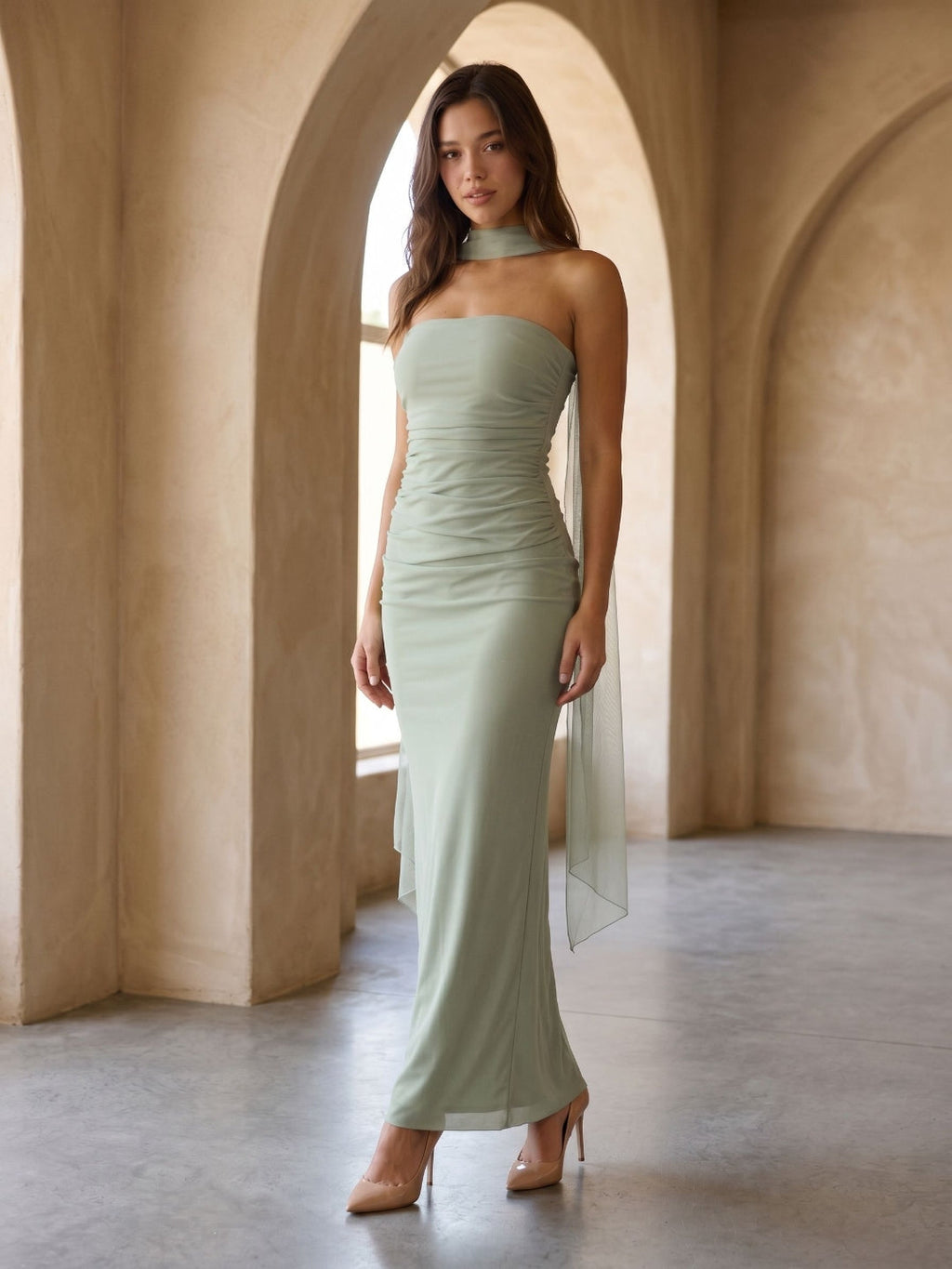 Dusty Sage Tulle Sheath Straight Neck Backless Floor-Length Formal Dress with Pleating - Curvevia