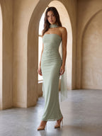 Dusty Sage Tulle Sheath Straight Neck Backless Floor-Length Formal Dress with Pleating - Curvevia