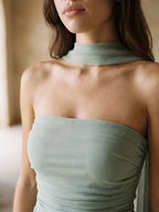 Dusty Sage Tulle Sheath Straight Neck Backless Floor-Length Formal Dress with Pleating - Curvevia
