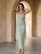 Dusty Sage Tulle Sheath Straight Neck Backless Floor-Length Formal Dress with Pleating - Curvevia