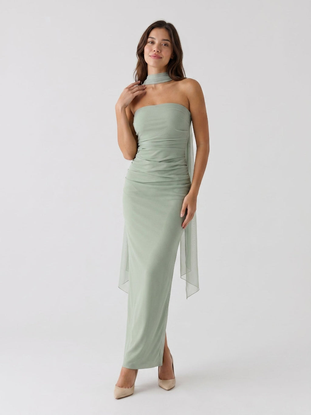 Dusty Sage Tulle Sheath Straight Neck Backless Floor-Length Formal Dress with Pleating - Curvevia