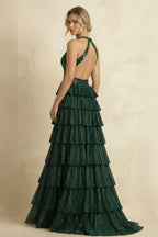 Dark Green - A-Line Halter Satin Beaded Long Mother of the Bride Dress With Ruffles - Curvevia
