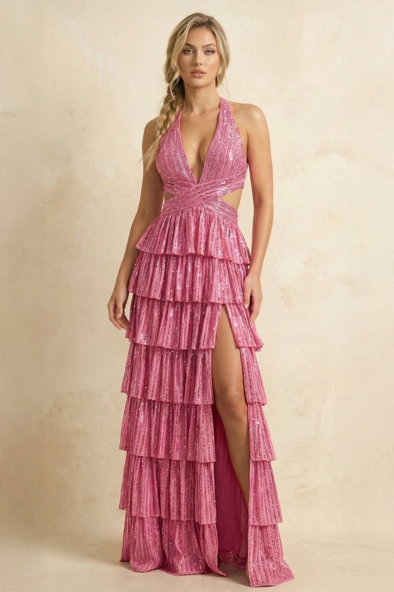 Royal Blue A-Line Halter Satin Beaded Long Wedding Guest Dress With Ruffles - Curvevia