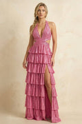 Royal Blue A-Line Halter Satin Beaded Long Wedding Guest Dress With Ruffles - Curvevia