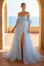 Sheath Sweetheart Prom Dresses Short Sleeve Detachable Sequined with Slit Overskirt - Curvevia
