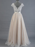 Cap Sleeve V-Neck Lace Tulle Wedding Dress With Zipper Back - Curvevia