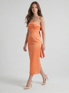 Effortless Orange Satin Sheath Straight Neck Backless Tea-Length Bridesmaid Dress with Bow - Curvevia
