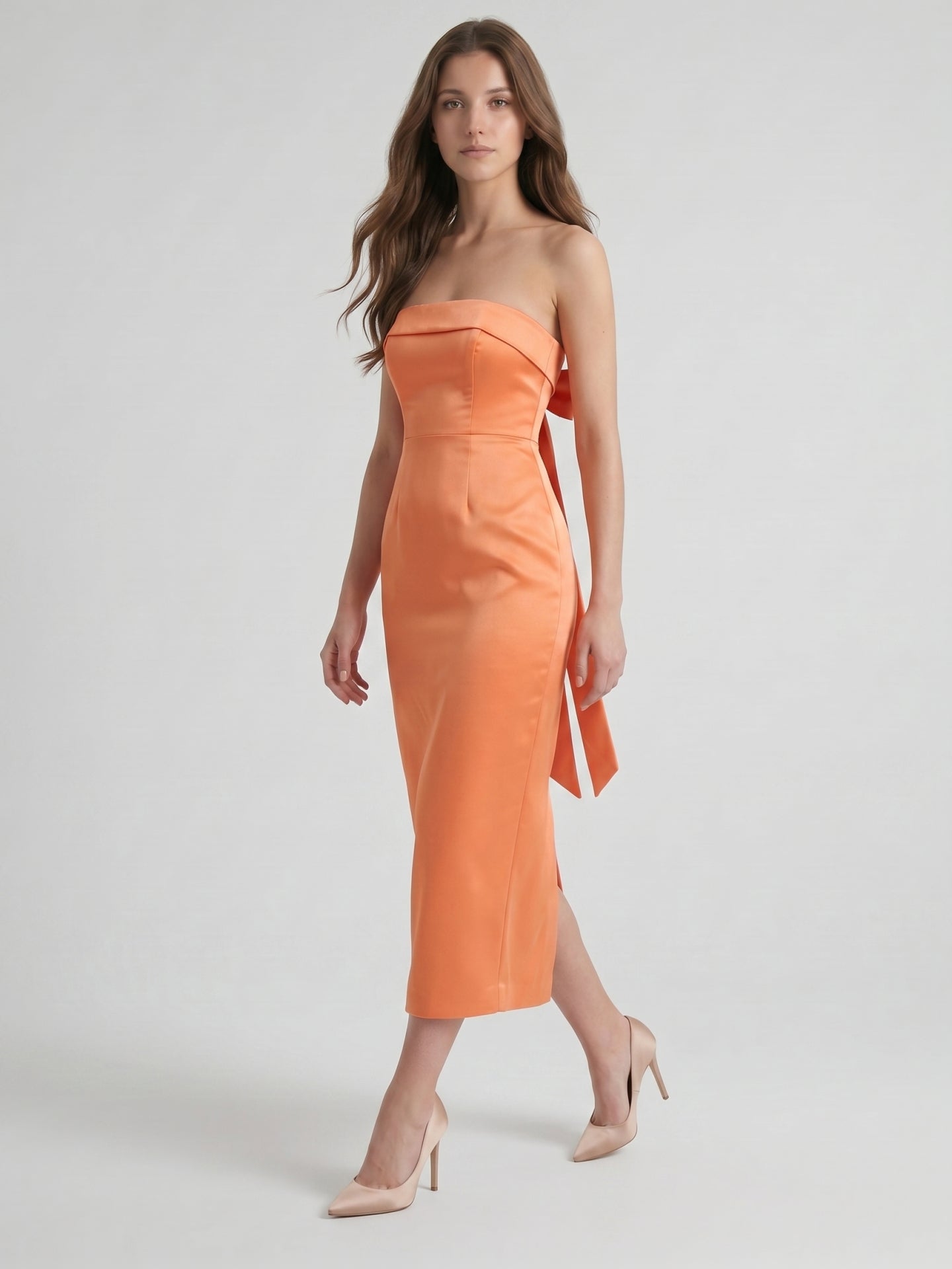Effortless Orange Satin Sheath Straight Neck Backless Tea-Length Bridesmaid Dress with Bow - Curvevia