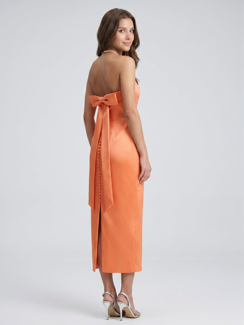 Effortless Orange Satin Sheath Straight Neck Backless Tea-Length Bridesmaid Dress with Bow - Curvevia
