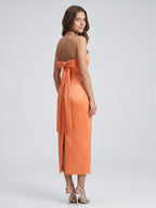 Effortless Orange Satin Sheath Straight Neck Backless Tea-Length Bridesmaid Dress with Bow - Curvevia