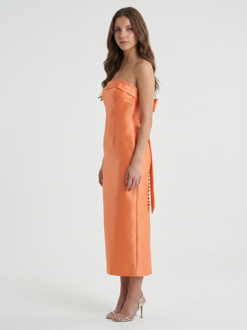 Effortless Orange Satin Sheath Straight Neck Backless Tea-Length Bridesmaid Dress with Bow - Curvevia