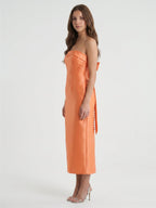 Effortless Orange Satin Sheath Straight Neck Backless Tea-Length Bridesmaid Dress with Bow - Curvevia