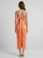 Effortless Orange Satin Sheath Straight Neck Backless Tea-Length Bridesmaid Dress with Bow - Curvevia