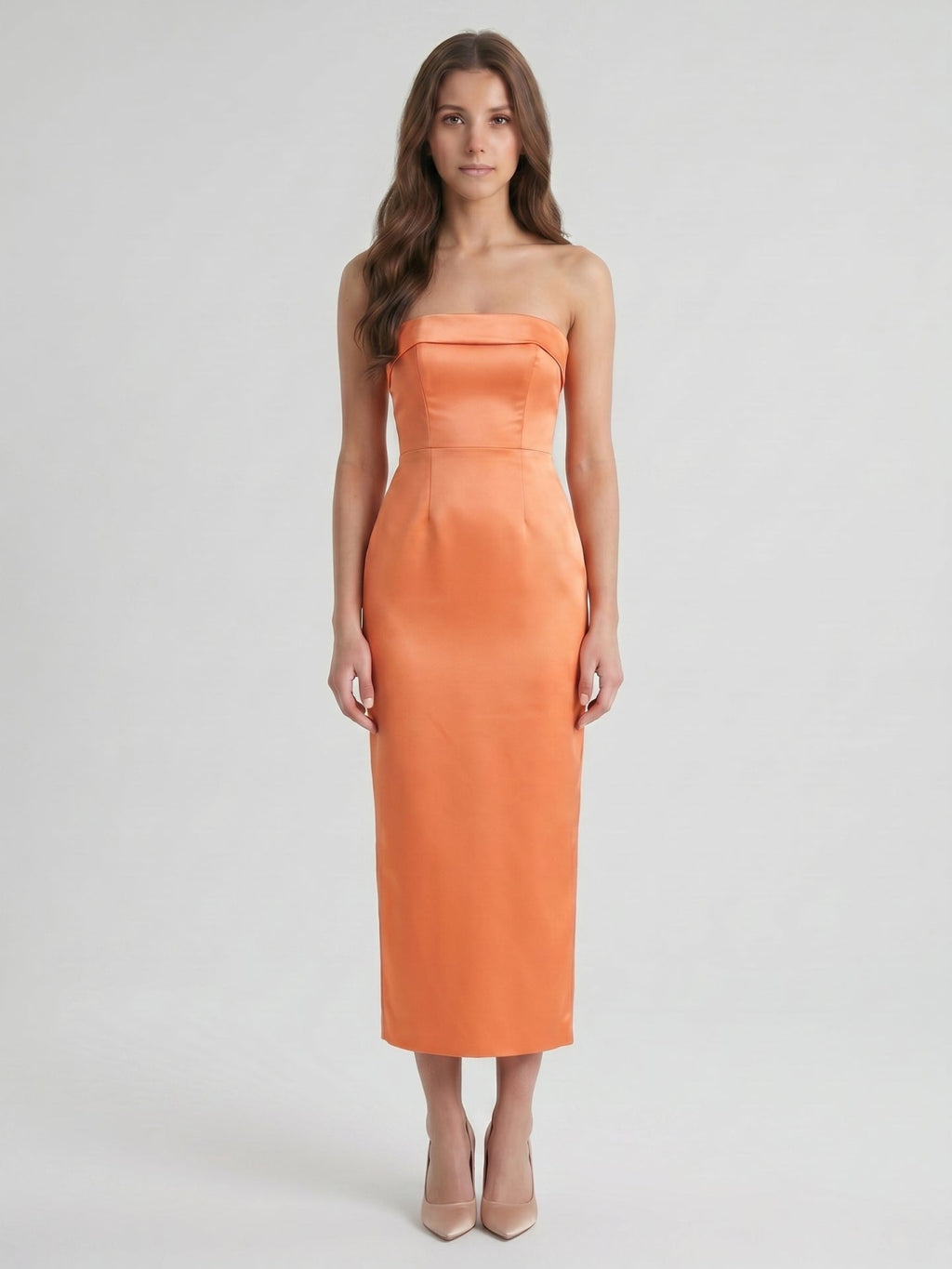 Effortless Orange Satin Sheath Straight Neck Backless Tea-Length Bridesmaid Dress with Bow - Curvevia