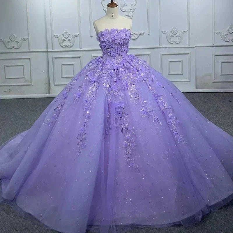 Quinceanera Dress Party Princess Pearls Strapless Evening Gown Appliques - Curvevia