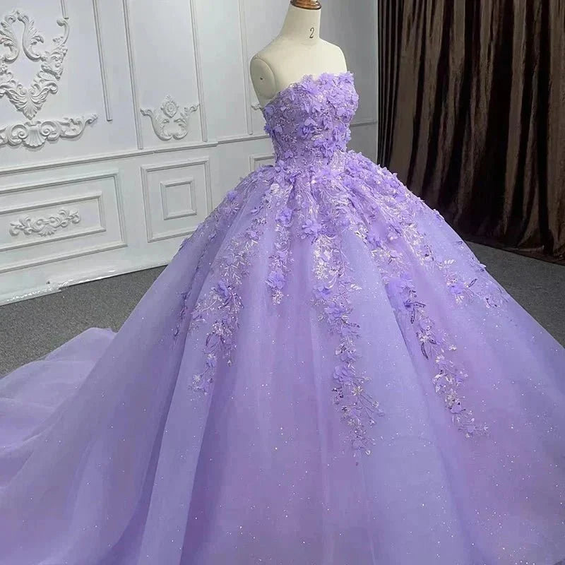 Quinceanera Dress Party Princess Pearls Strapless Evening Gown Appliques - Curvevia