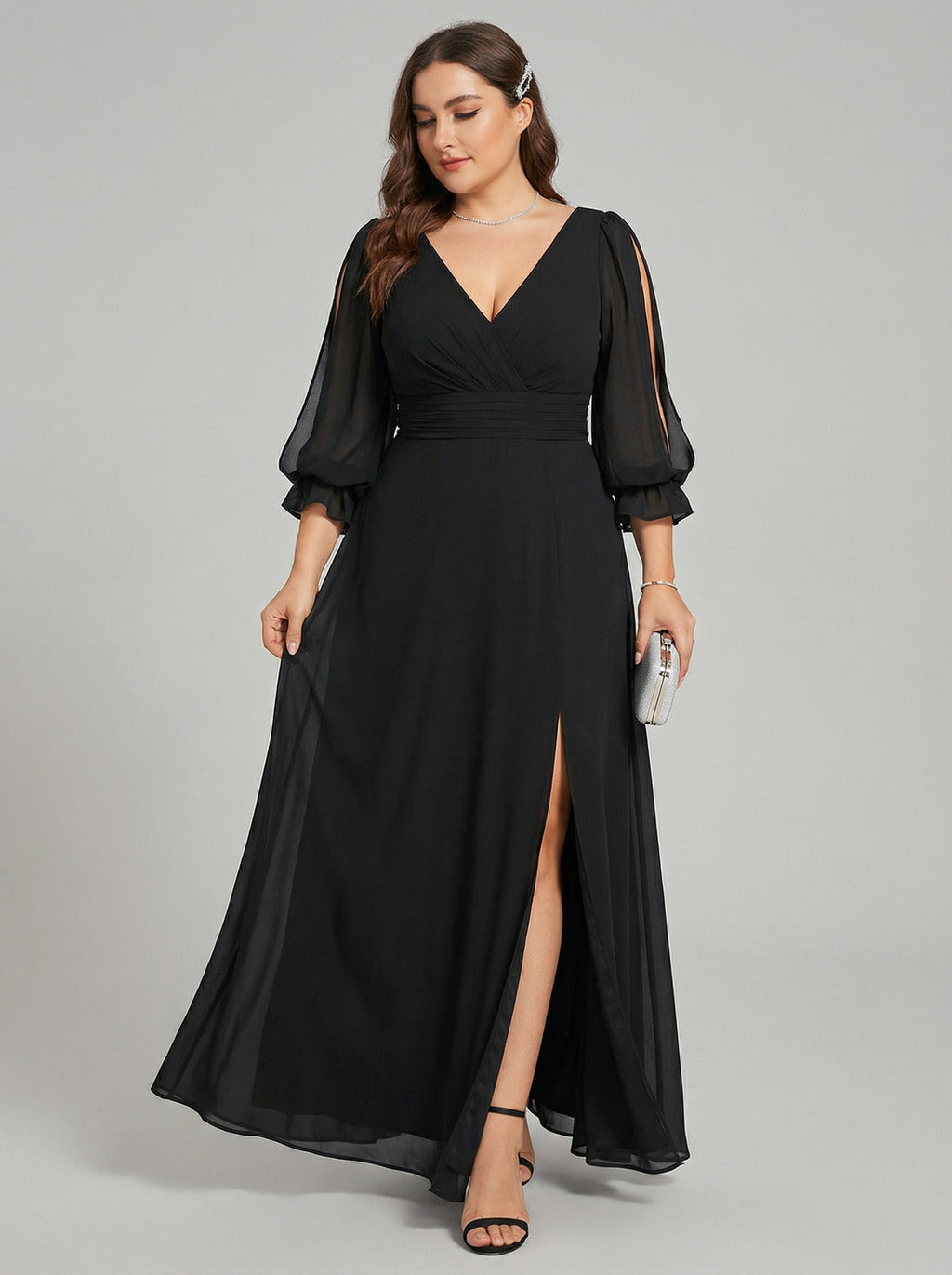 Elegant Black Chiffon A-Line V-Neck V-Back Ankle-Length Plus Size Bridesmaid Dress - Curvevia