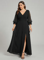 Elegant Black Chiffon A-Line V-Neck V-Back Ankle-Length Plus Size Bridesmaid Dress - Curvevia