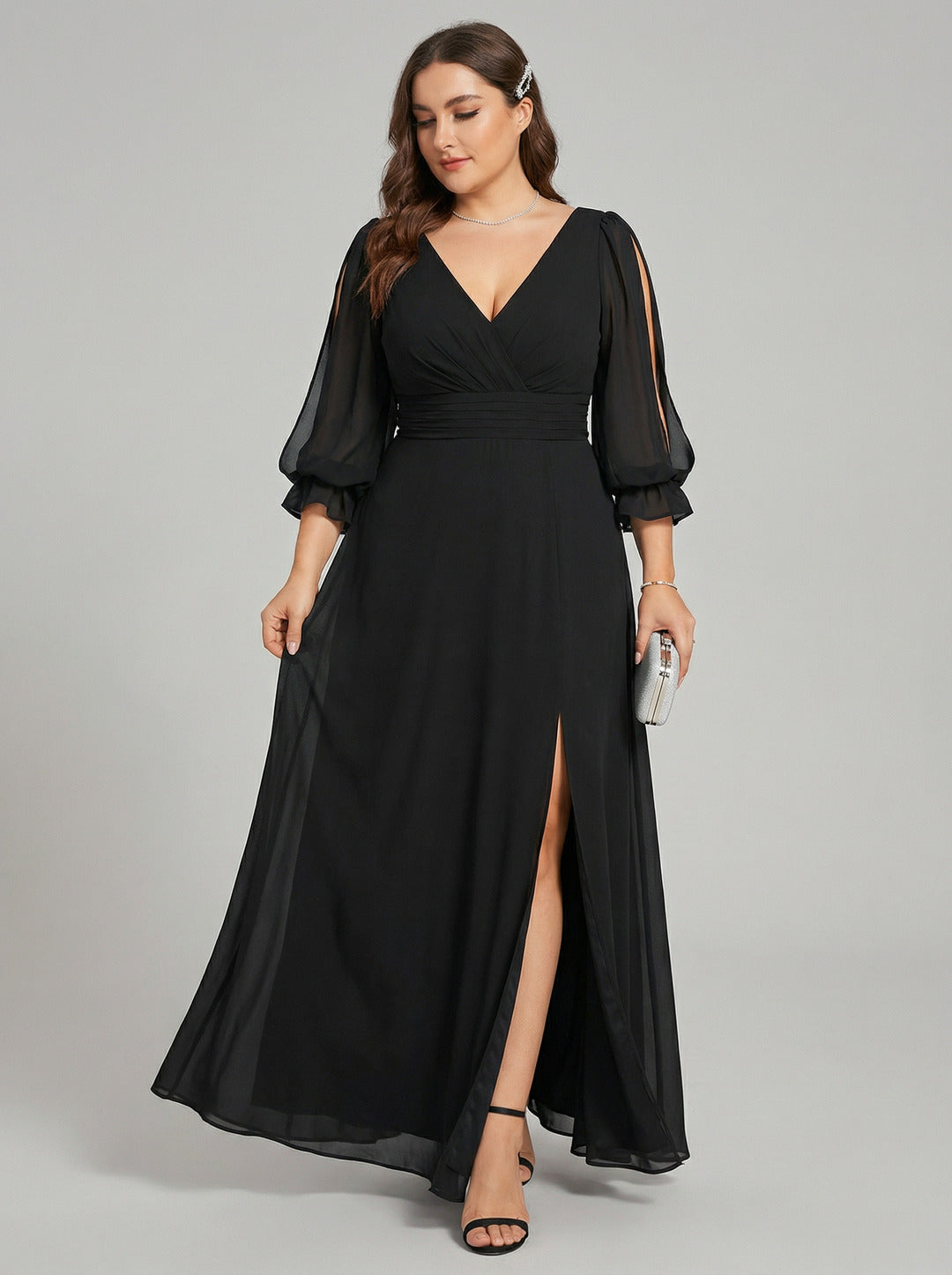 Elegant Black Chiffon A-Line V-Neck V-Back Ankle-Length Plus Size Bridesmaid Dress - Curvevia