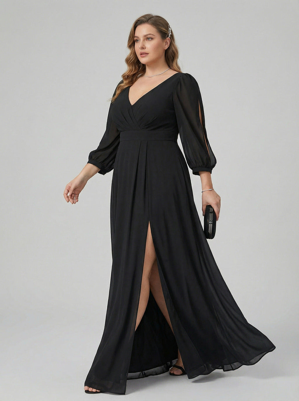 Elegant Black Chiffon A-Line V-Neck V-Back Ankle-Length Plus Size Bridesmaid Dress - Curvevia