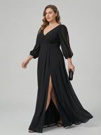 Elegant Black Chiffon A-Line V-Neck V-Back Ankle-Length Plus Size Bridesmaid Dress - Curvevia