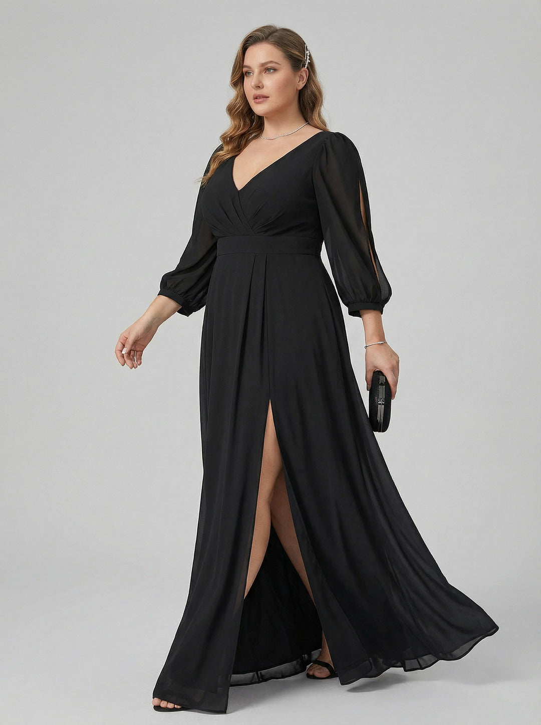 Elegant Black Chiffon A-Line V-Neck V-Back Ankle-Length Plus Size Bridesmaid Dress - Curvevia