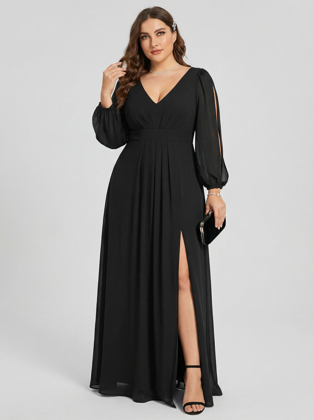 Elegant Black Chiffon A-Line V-Neck V-Back Ankle-Length Plus Size Bridesmaid Dress - Curvevia