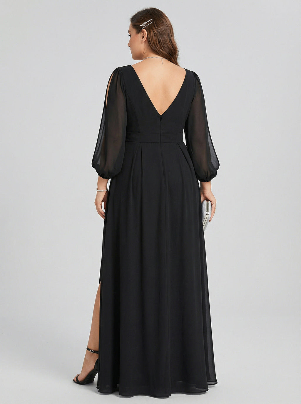 Elegant Black Chiffon A-Line V-Neck V-Back Ankle-Length Plus Size Bridesmaid Dress - Curvevia