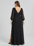 Elegant Black Chiffon A-Line V-Neck V-Back Ankle-Length Plus Size Bridesmaid Dress - Curvevia