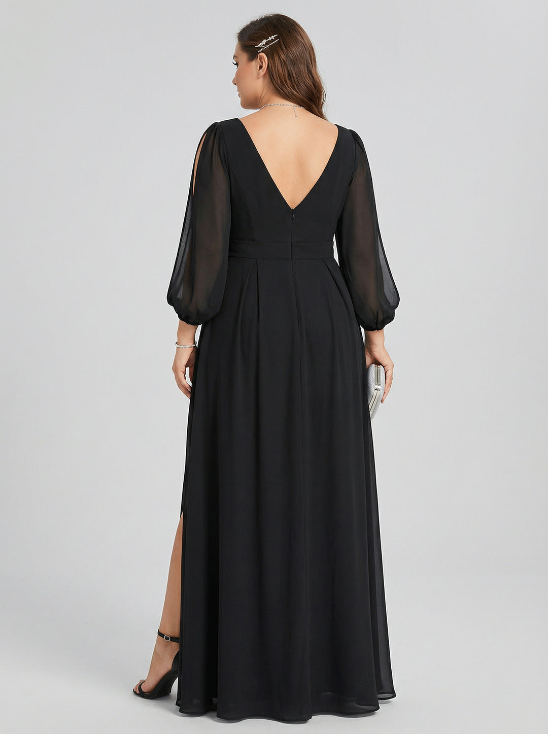 Elegant Black Chiffon A-Line V-Neck V-Back Ankle-Length Plus Size Bridesmaid Dress - Curvevia