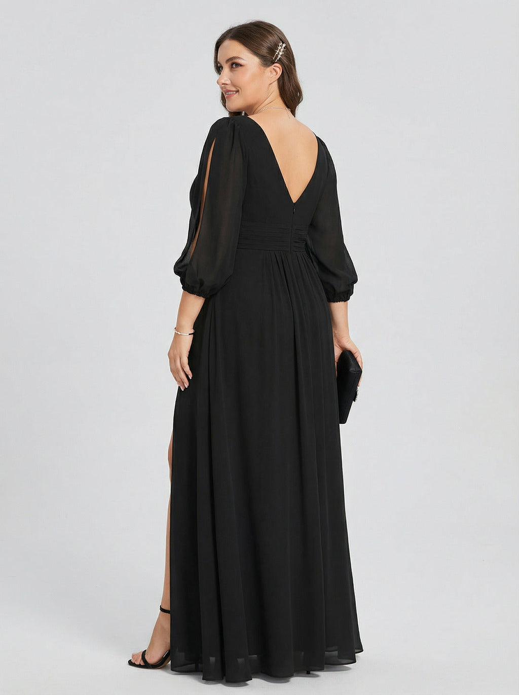 Elegant Black Chiffon A-Line V-Neck V-Back Ankle-Length Plus Size Bridesmaid Dress - Curvevia
