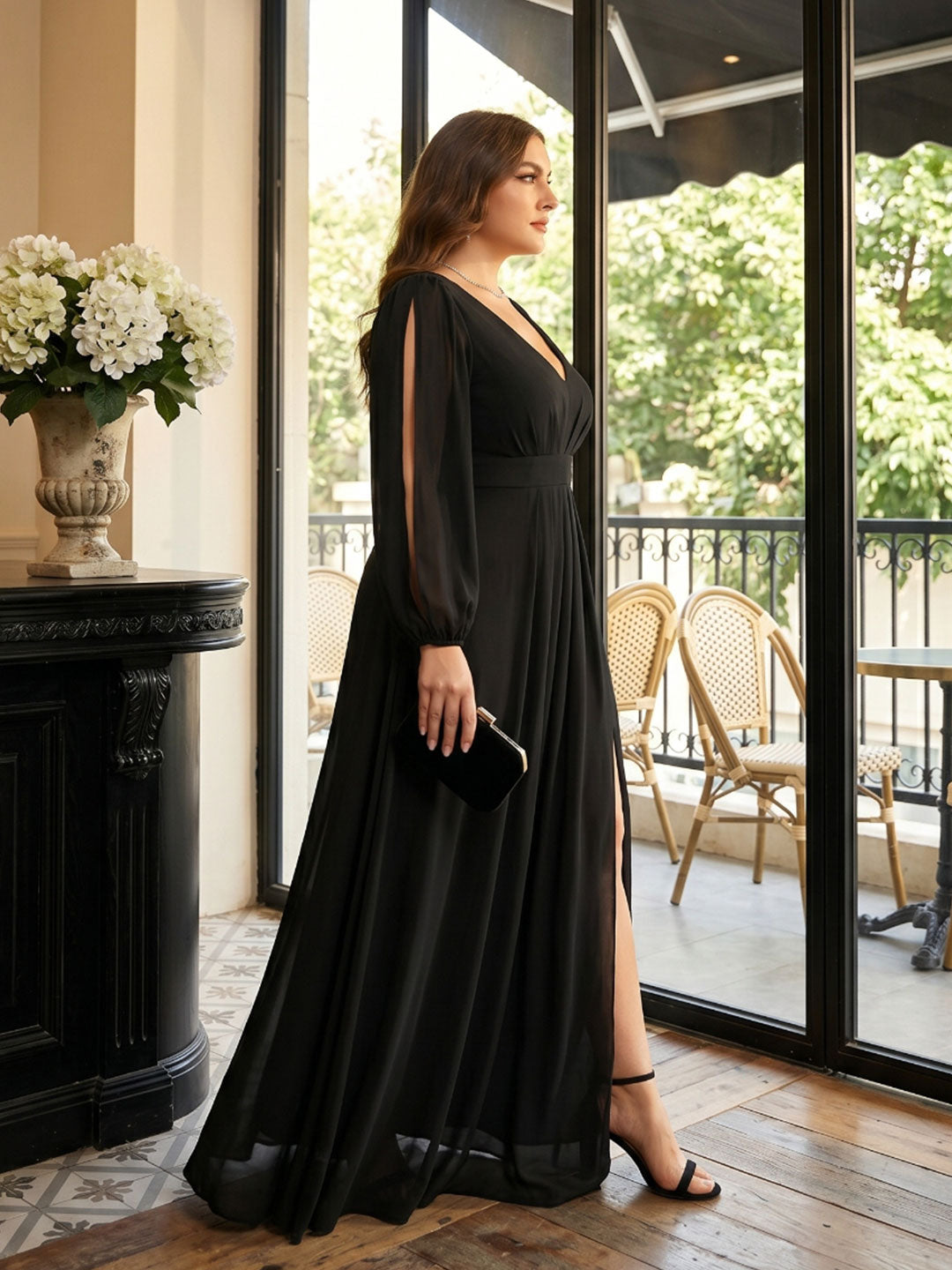 Elegant Black Chiffon A-Line V-Neck V-Back Ankle-Length Plus Size Bridesmaid Dress - Curvevia