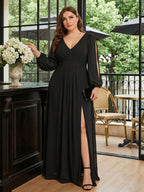 Elegant Black Chiffon A-Line V-Neck V-Back Ankle-Length Plus Size Bridesmaid Dress - Curvevia