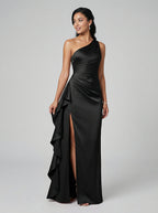 Elegant Black Satin Mermaid One Shoulder Back Zip with Ruffle Ankle-Length Bridesmaid Dress - Curvevia