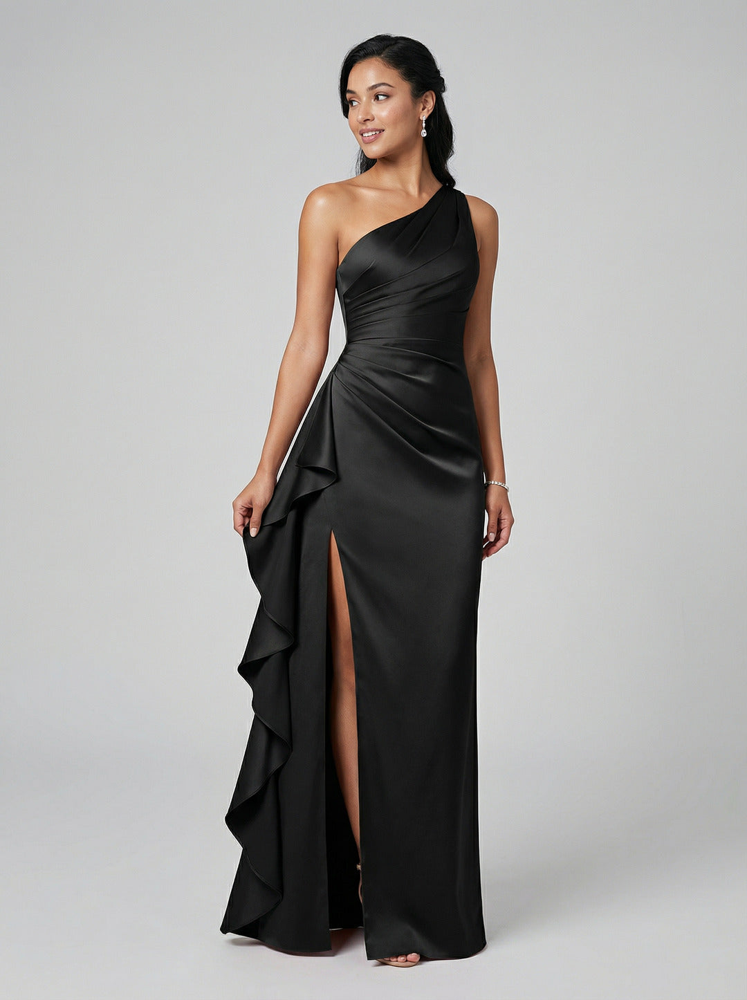 Elegant Black Satin Mermaid One Shoulder Back Zip with Ruffle Ankle-Length Bridesmaid Dress - Curvevia