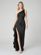 Elegant Black Satin Mermaid One Shoulder Back Zip with Ruffle Ankle-Length Bridesmaid Dress - Curvevia