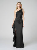 Elegant Black Satin Mermaid One Shoulder Back Zip with Ruffle Ankle-Length Bridesmaid Dress - Curvevia